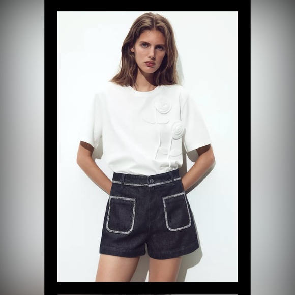 Zara Tops - Zara White Tonal Floral T-shirt | Short Sleeves | XL | Cotton | NWT | Sold Out